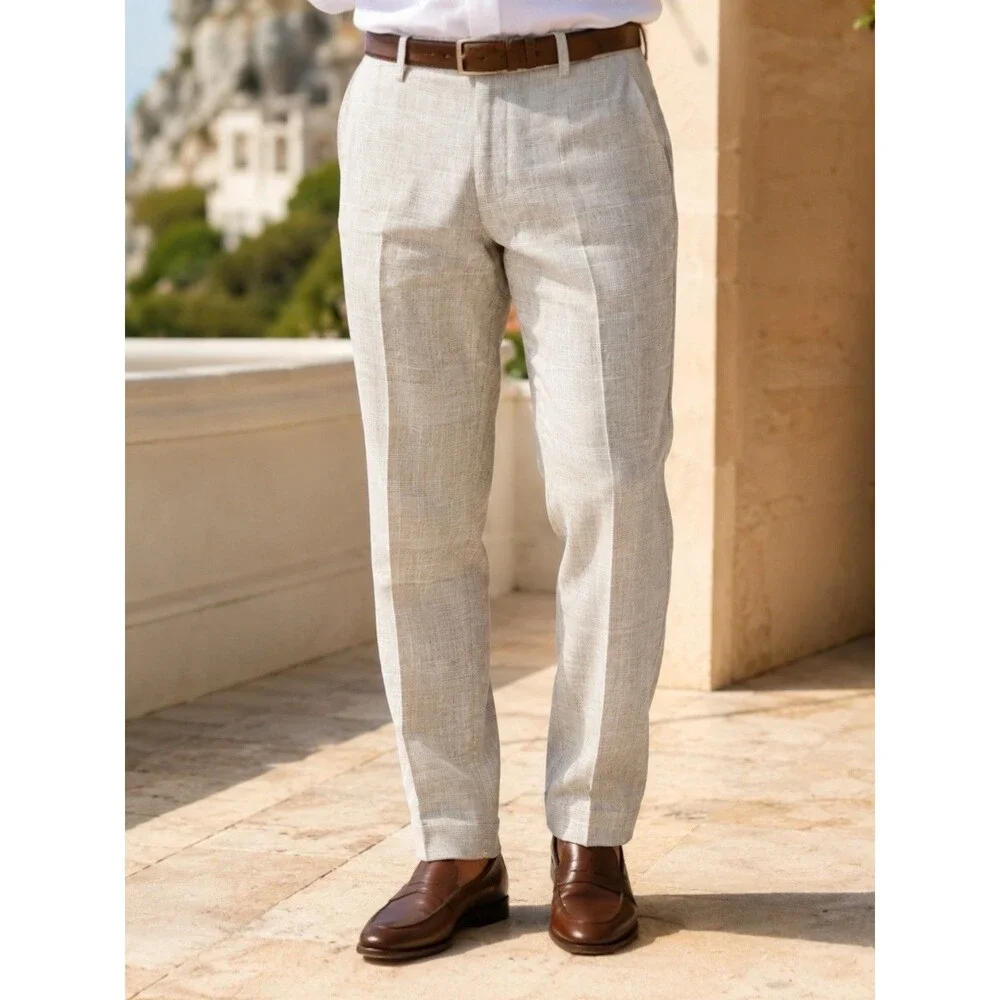 J Crew Suit Pants Mens 33x30 Beige Linen Windowpane Plaid Thompson Lightweight